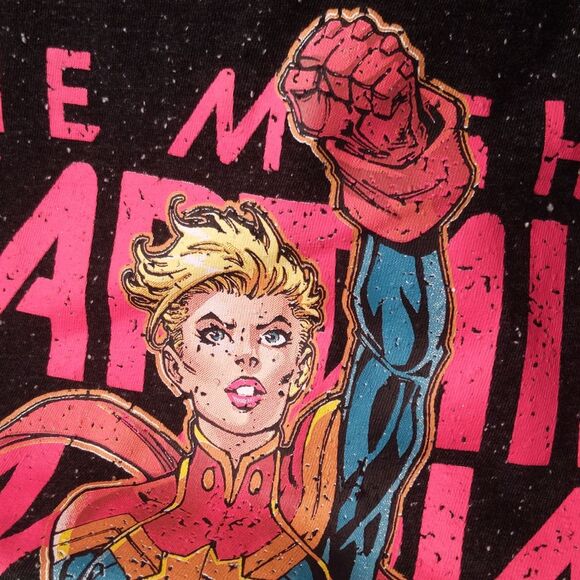 Marvel black & white speckled T-shirt tee w/ The Mighty Captain Marvel Large - Picture 4 of 4